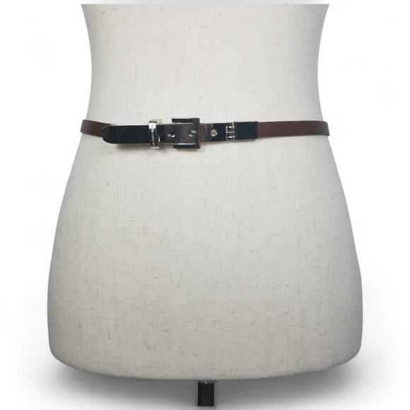 Michael Kors Collection Skinny Belt Sliver Hardware Brown Leather XS